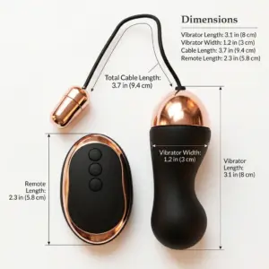 The Liora egg vibrator and remote with dimesnions for both shown in both mm and inches