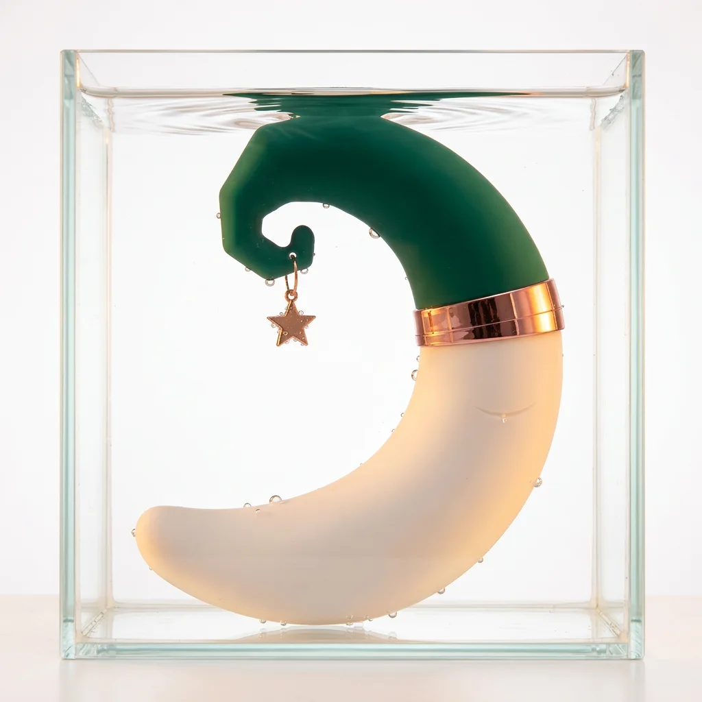 MoonSway moon shaped sucker and vibrating dildo submerged in water, showcasing waterproof design with curved crescent shape and star charm detail