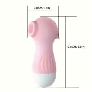 Measurement view of the Mini Seahorse Sucking Vibrator by SeaLora showing dimensions of 9.8cm height and 3.8cm width in soft pink with white base.