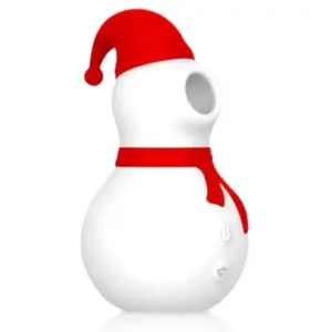 The Frosty Clit Sucking Vibrator shaped like a snowman, featuring a red Santa hat and scarf with a soft silicone suction head.