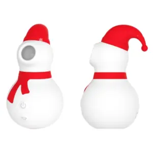Two angles of the Frosty Snowman Vibrator showcasing its playful holiday-themed look with suction opening and tactile controls.
