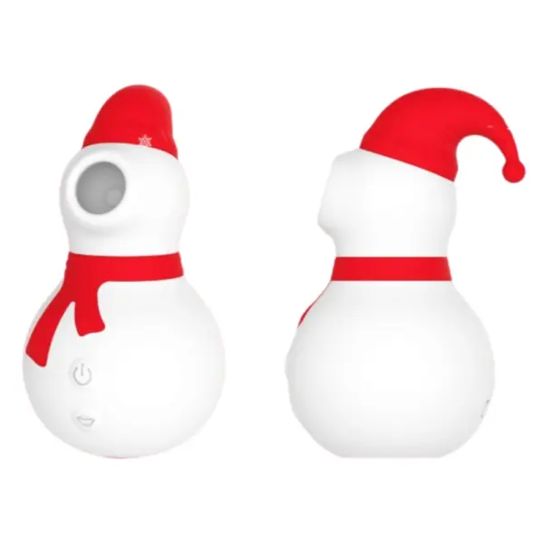Two angles of the Frosty Snowman Vibrator showcasing its playful holiday-themed look with suction opening and tactile controls.