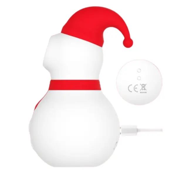 Side view of the Frosty Vibrator with a charging cable inserted, alongside a close-up of certification markings on its base.