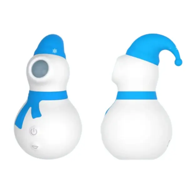 The Frosty Clit Sucking Vibrator shown in its blue variant, highlighting the suction opening and decorative snowflake on the hat.