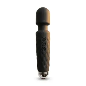 Black MoWan mini magic wand massager with textured grip and rounded head, front view