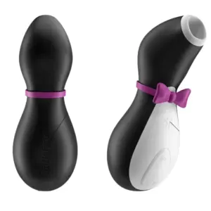 Side and back angles of the Penxie – Penguin Clitoral Sucking Vibrator showing its ergonomic shape, matte black finish, white silicone suction tip, and pink bow tie.