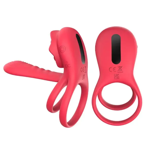 Dual vibrating penis ring shown from both front and back angles, highlighting its dual ring design, ribbed shaft, and control panel.