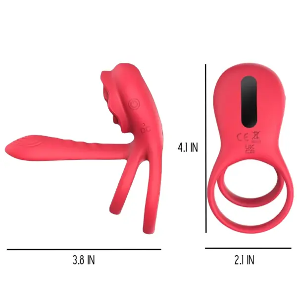 Red dual vibrating penis ring shown from side and top views, labeled with dimensions: 4.1 x 3.8 inches and 2.1 inches wide at the base.