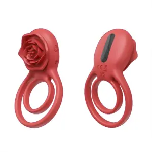 Two angles of the rose penis ring vibrator are shown: one highlights the detailed rose-shaped clitoral stimulator, and the other reveals the sleek back with power symbols and certification marks. The dual-ring design offers snug support with added external pleasure.