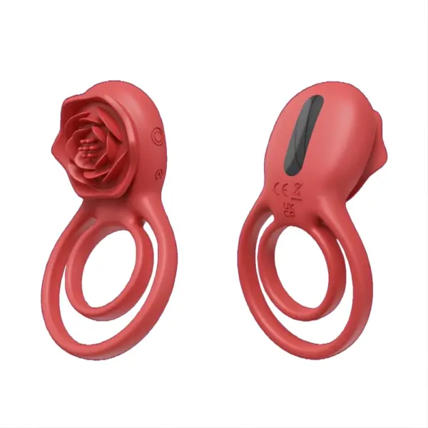 Two angles of the rose penis ring vibrator are shown: one highlights the detailed rose-shaped clitoral stimulator, and the other reveals the sleek back with power symbols and certification marks. The dual-ring design offers snug support with added external pleasure.