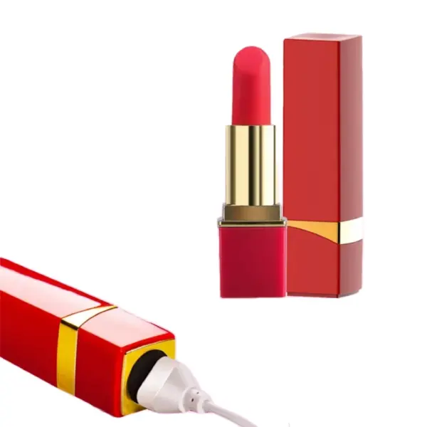A red and gold lipstick-shaped vibrator with a silicone tip is shown alongside its matching cap. In the bottom left corner, a close-up reveals a USB charging cable plugged into the base, highlighting its rechargeable feature and discreet design.