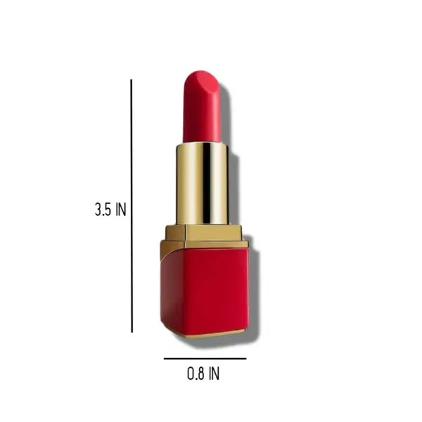 A compact red lipstick-shaped vibrator with a gold accent is shown standing upright, with dimensions labeled as 3.5 inches tall and 0.8 inches wide. Its small size and realistic design make it ideal for discreet storage and travel.