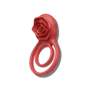A close-up of the rose penis ring vibrator emphasizes the textured, petal-like surface of the rose-shaped stimulator and its soft silicone build. Its smooth finish and detailed design make it both stylish and functional.