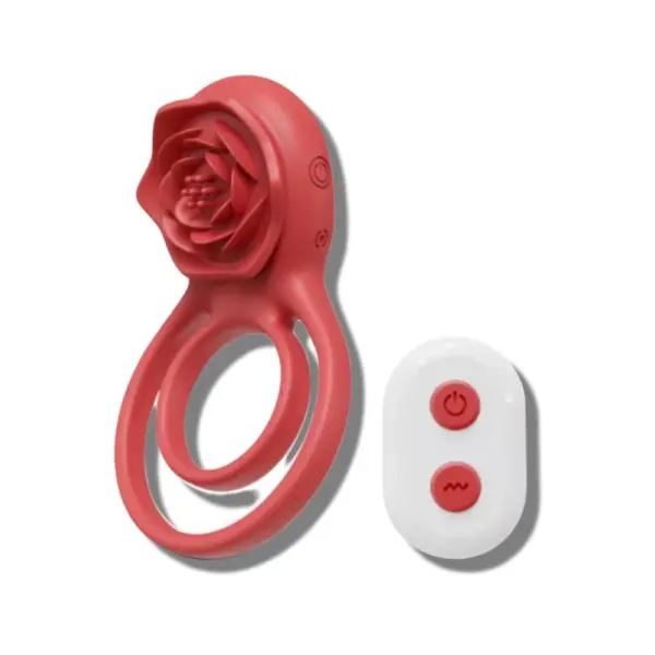 The rose penis ring vibrator is displayed beside a white wireless remote with two red buttons for easy control of power and vibration settings. The remote adds hands-free convenience for couples or solo play.