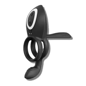 Close-up of the triple vibrating cock ring highlighting textured silicone finish, dual rings for support, and a contoured shaft extension.