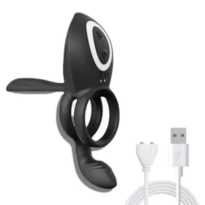 Black triple vibrating cock ring shown with white USB magnetic charger, featuring a ribbed shaft and curved underside for added stimulation.