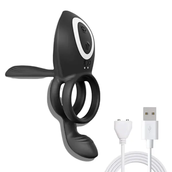 Black triple vibrating cock ring shown with white USB magnetic charger, featuring a ribbed shaft and curved underside for added stimulation.