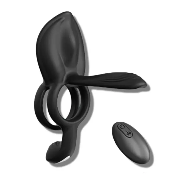A triple vibrating cock ring in black paired with a wireless remote control, designed for hands-free power and vibration adjustments.