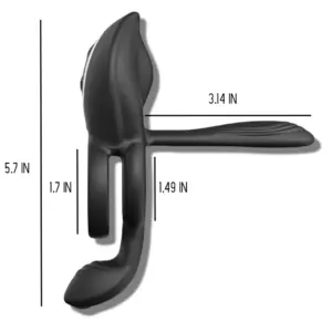 Black triple vibrating cock ring with labeled measurements: 5.7 inches tall, 3.14-inch shaft length, and dual ring spacing for snug fit.