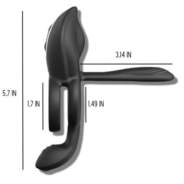 Black triple vibrating cock ring with labeled measurements: 5.7 inches tall, 3.14-inch shaft length, and dual ring spacing for snug fit.