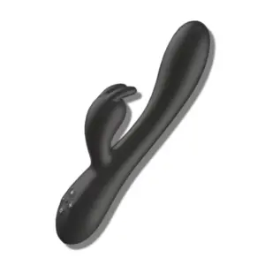 Black beginner rabbit vibrator with smooth, rounded shaft and curved clitoral stimulator shaped like rabbit ears, ideal for first-time use.