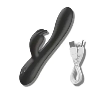 Black beginner rabbit vibrator shown with a USB charging cable, featuring soft silicone material and dual stimulation design with clitoral bunny ears.