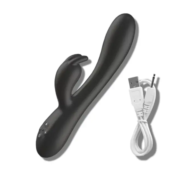 Black beginner rabbit vibrator shown with a USB charging cable, featuring soft silicone material and dual stimulation design with clitoral bunny ears.