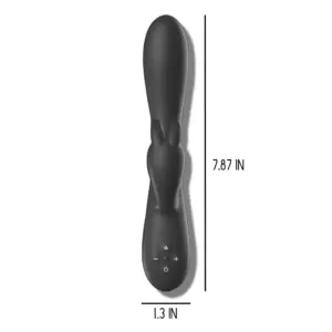 Beginner rabbit vibrator in black, measuring 7.87 inches in length and 1.3 inches wide, highlighting its compact and user-friendly size.