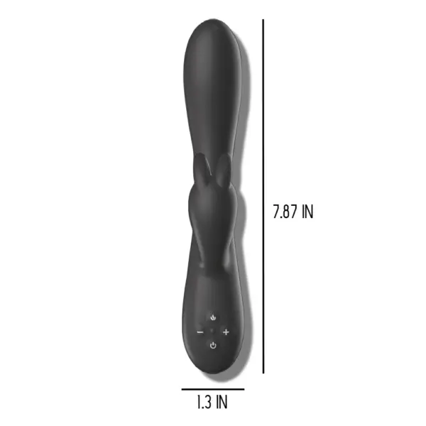 Beginner rabbit vibrator in black, measuring 7.87 inches in length and 1.3 inches wide, highlighting its compact and user-friendly size.