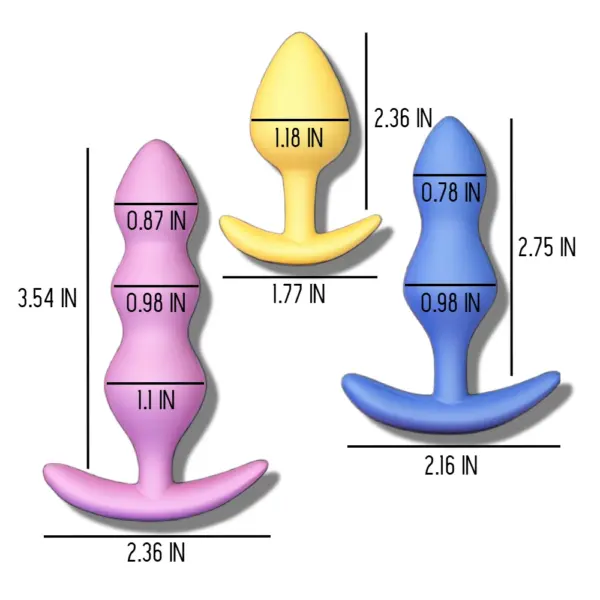 Three silicone butt plugs in pastel pink, blue, and yellow, each with labeled measurements showing varying widths and lengths; ideal for beginners exploring different sizes=