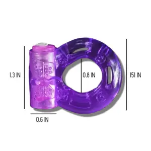 Classic cock ring vibrator with labeled front and side dimensions: 1.3 inches tall, 0.6 inches wide at the bullet, and 0.8-inch inner diameter. Perfect sizing reference for product detail pages.