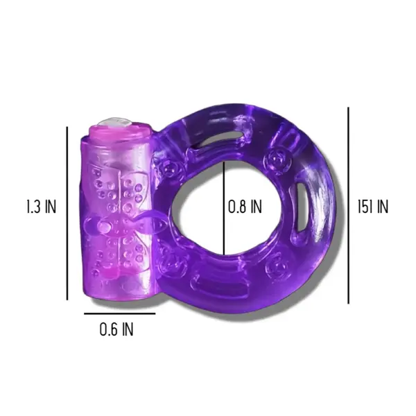Classic cock ring vibrator with labeled front and side dimensions: 1.3 inches tall, 0.6 inches wide at the bullet, and 0.8-inch inner diameter. Perfect sizing reference for product detail pages.