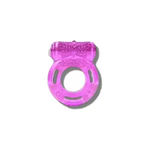 Top-down view of the classic cock ring vibrator in translucent pink, clearly showing the textured vibrating section and open ring design.