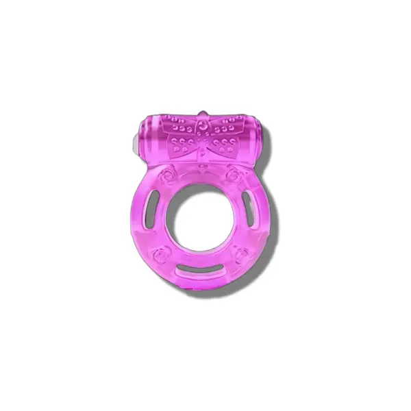 Top-down view of the classic cock ring vibrator in translucent pink, clearly showing the textured vibrating section and open ring design.