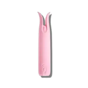 The pink clip clitoral vibrator in a full-body view, with its gently curved form and split tips designed for precise clitoral contact. Made from smooth, body-safe silicone.