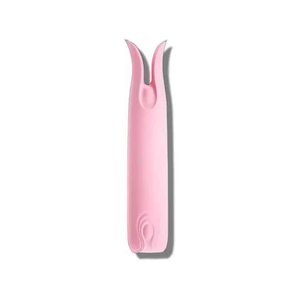 The pink clip clitoral vibrator in a full-body view, with its gently curved form and split tips designed for precise clitoral contact. Made from smooth, body-safe silicone.