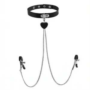 Adjustable black collar with a dangling heart charm, connected to two metal chains that attach to nipple clamps with rubber-coated tips for comfort and grip.
