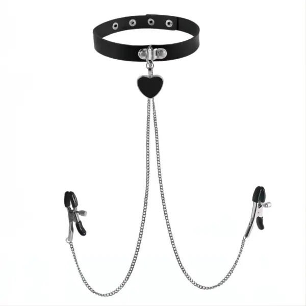 Adjustable black collar with a dangling heart charm, connected to two metal chains that attach to nipple clamps with rubber-coated tips for comfort and grip.