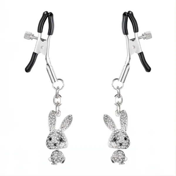 Pair of jeweled nipple clamps featuring adjustable tips and dangling rhinestone bunny figures for a playful, decorative touch.