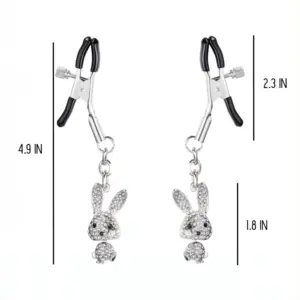 Pair of silver nipple clamps with soft black tips and sparkling bunny pendants, labeled with measurements: 4.9 inches total length and 1.8-inch bunny charms.