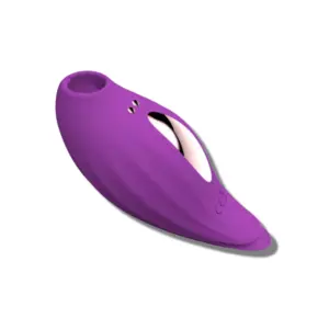 Purple discreet clit sucker and vibrator with a curved, ergonomic design and textured silicone body for easy grip and comfort.
