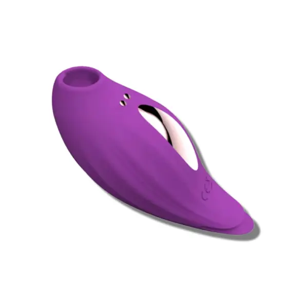 Purple discreet clit sucker and vibrator with a curved, ergonomic design and textured silicone body for easy grip and comfort.