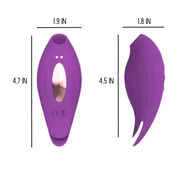 Size chart showing the discreet clit sucker and vibrator measuring 4.7 inches long, 1.9 inches wide, and 1.8 inches tall for portability.