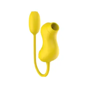 Side angle of the duck sucker and vibrating egg set featuring a gently curved suction head and oval egg stimulator on a stretchy cord.