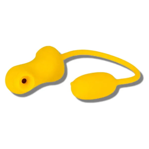 Bright yellow duck sucker and vibrating egg set with a curved suction nozzle and smooth silicone finish, connected by a flexible cord.