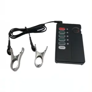 Complete electric shock nipple clamp set including wired clamps and multi-function remote control unit.