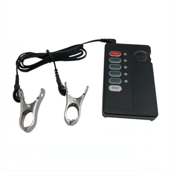 Complete electric shock nipple clamp set including wired clamps and multi-function remote control unit.