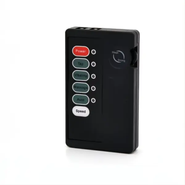 Front view of the remote control with labeled buttons including power, tap, vibrating, massage, auto, and speed dial.