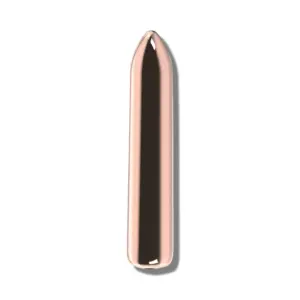 A straight-on front view of the gold mini vibrating bullet, showcasing its smooth, metallic surface and streamlined design.