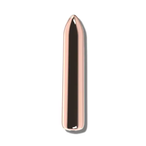 A straight-on front view of the gold mini vibrating bullet, showcasing its smooth, metallic surface and streamlined design.